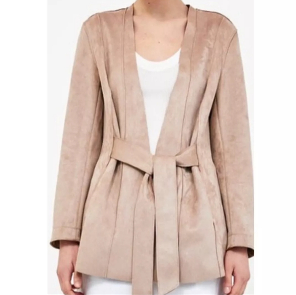 Women's ZARA Faux Suede blush tie front cardigan jacket Sz S, Casual, Office